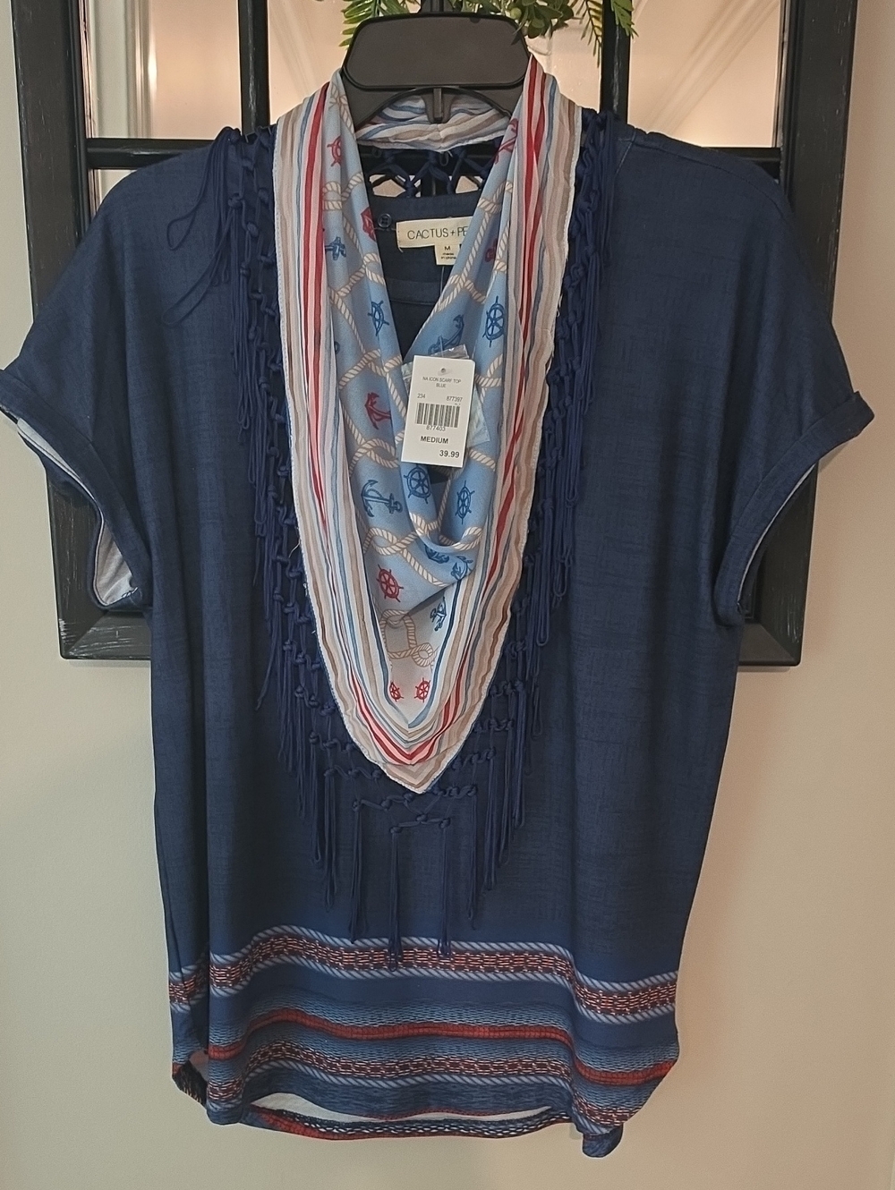 Blue nautical short-sleeve top by Cactus + Pearl with Detachable anchor Scarf